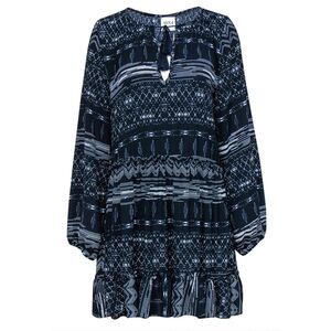MISA Los Angeles Navy Boho Long Sleeve Shift Mini Dress Sz Small Tassel Tie Neck